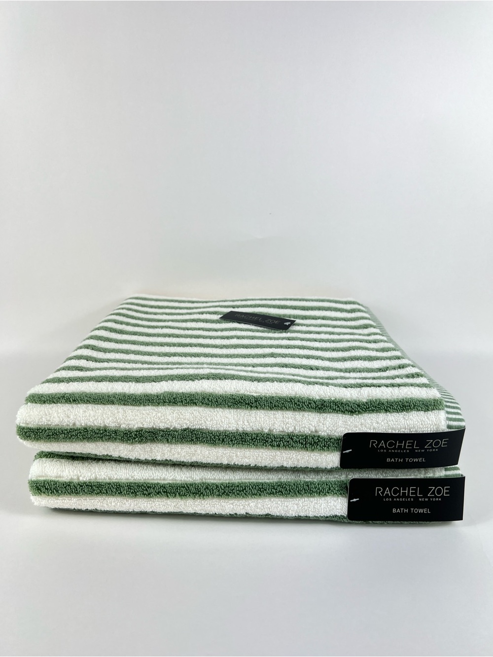 Rachel Zoe Bath Towels Green White Striped Soft Plush 100% Cotton 2 Pc NEW